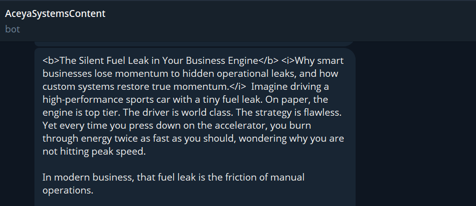Telegram message containing a generated Substack draft